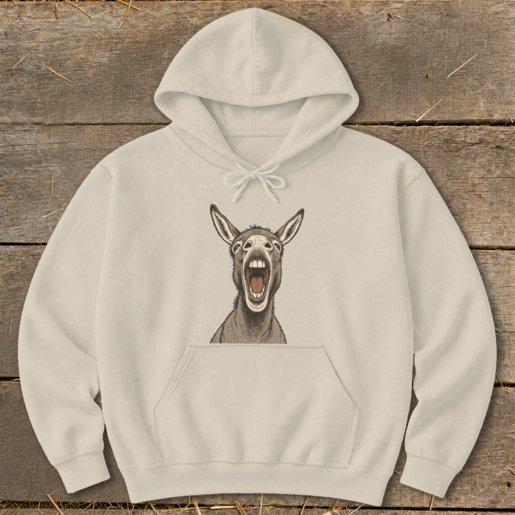 Cream hoodie with a drawing of a donkey with its mouth open and ears up.