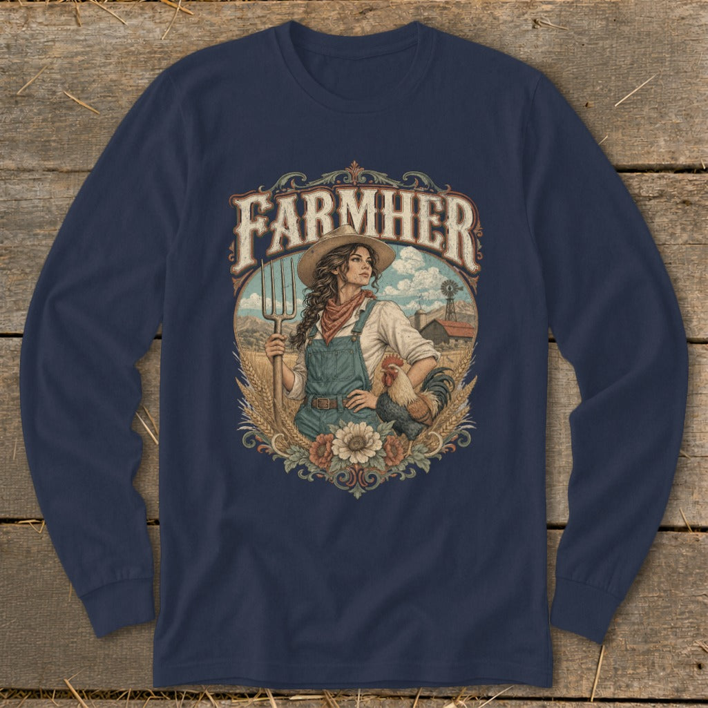 Farmer graphic with woman, pitchfork, rooster, and farm scene on navy shirt.