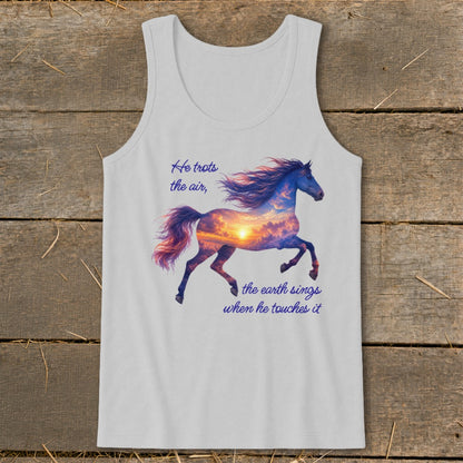 Light gray tank top featuring a running horse graphic filled with a sunset sky and poetic text.
