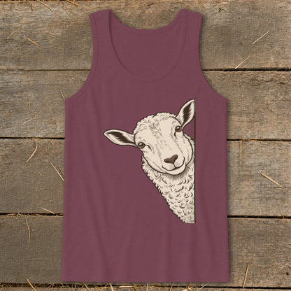 Maroon tank top with a drawing of a sheep peeking from the side.
