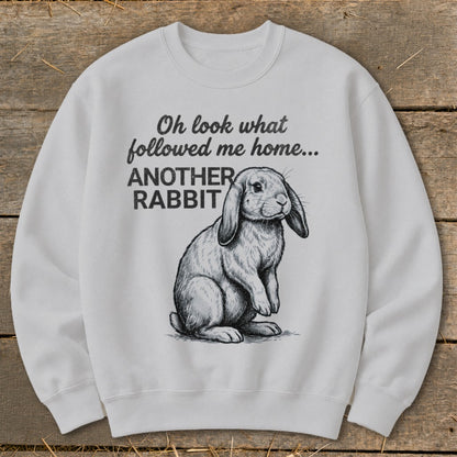 White sweatshirt with a drawing of a rabbit and text "Oh look what followed me home... ANOTHER RABBIT."