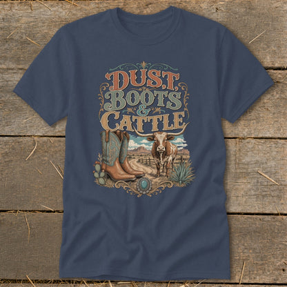 Navy t-shirt with "Dust Boots & Cattle" text, cowboy boots, and longhorn bull in desert landscape.