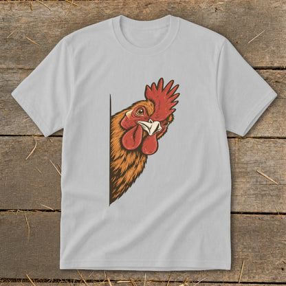 Light grey t-shirt with a cartoon rooster peeking from the left side.