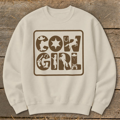 Crewneck sweatshirt with brown "Cow Girl" graphic featuring western-themed illustrations.