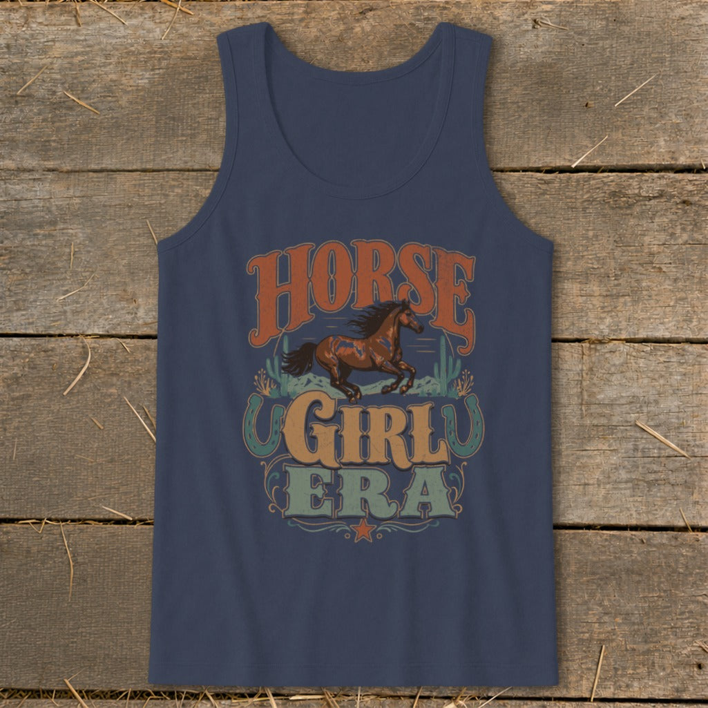 Navy tank top with "HORSE GIRL ERA" text and running horse graphic.