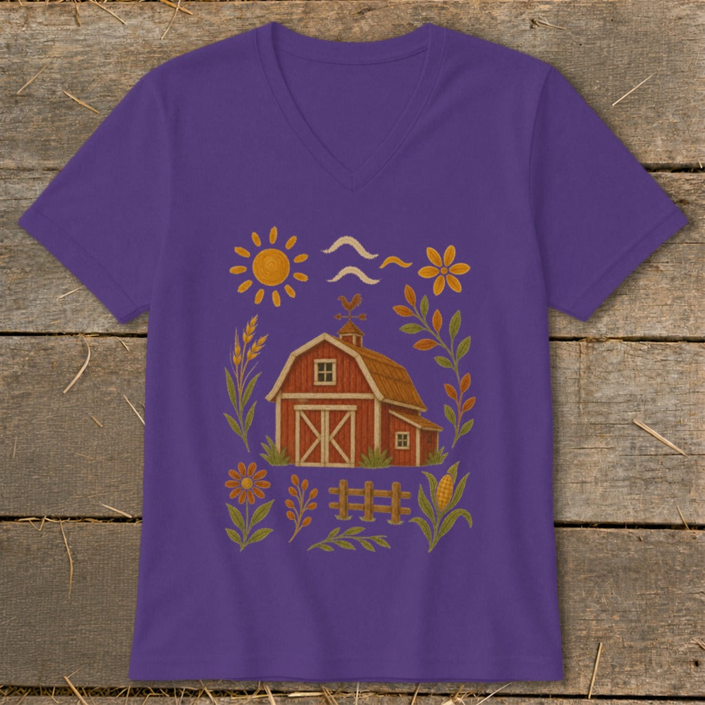 Purple t-shirt with a rustic barn and farm-themed illustration.