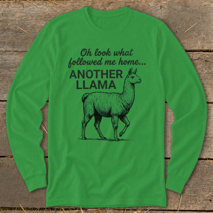 Green long-sleeved shirt with "Another Llama" text and a drawing of a llama.