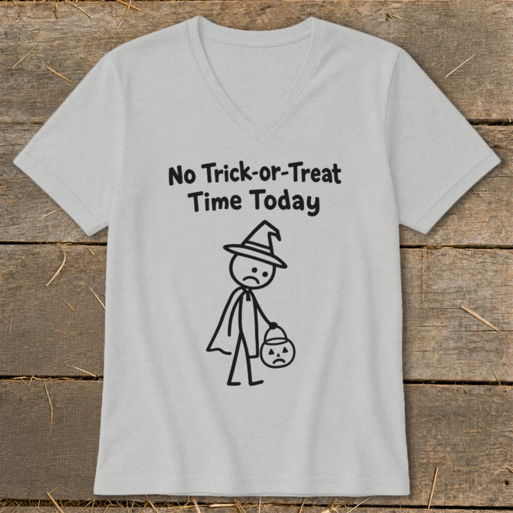 Gray t-shirt with "No Trick-or-Treat Time Today" and a sad stick figure trick-or-treater.