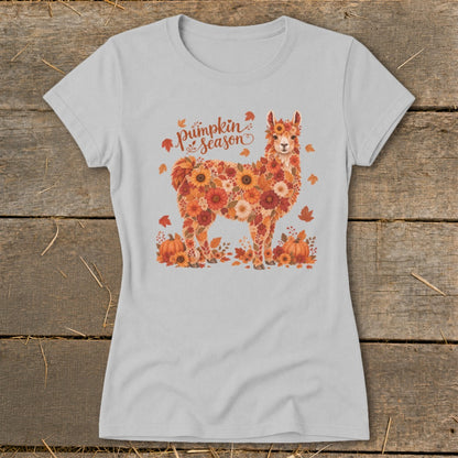 Light gray t-shirt with a floral llama design and "Pumpkin Season" text.