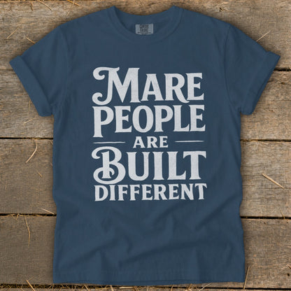 Navy t-shirt with white text reading "Mare People Are Built Different."