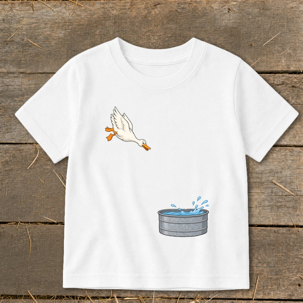 White t-shirt with a cartoon duck splashing into a galvanized tub.