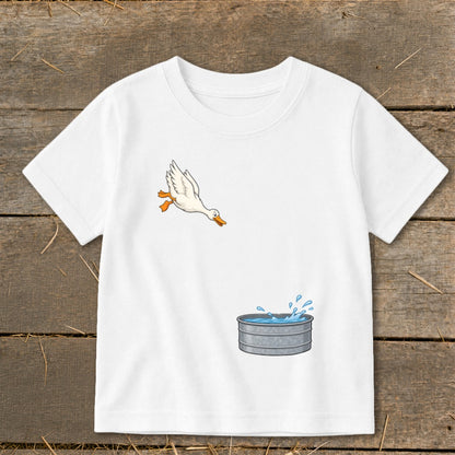 White t-shirt with a cartoon duck splashing into a galvanized tub.