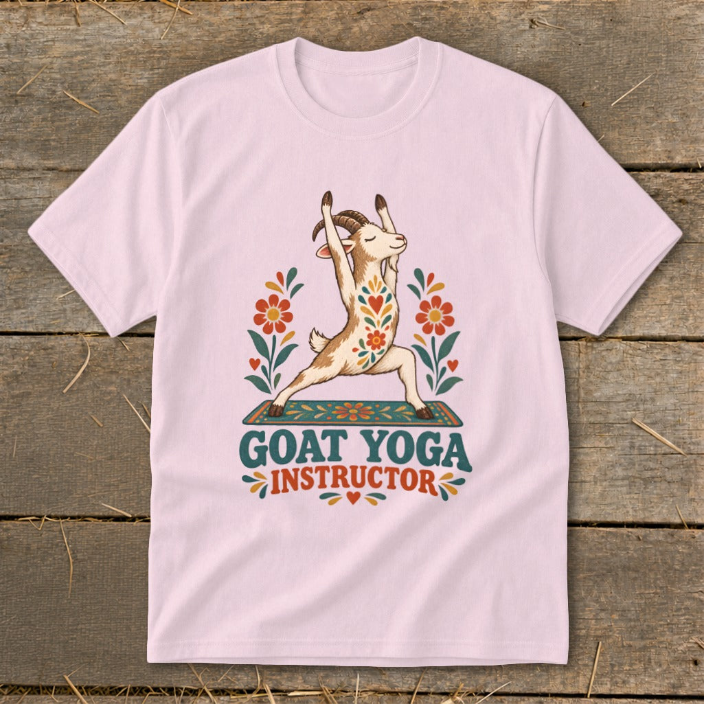 Goat in yoga pose on mat with flowers and text "Goat Yoga Instructor".