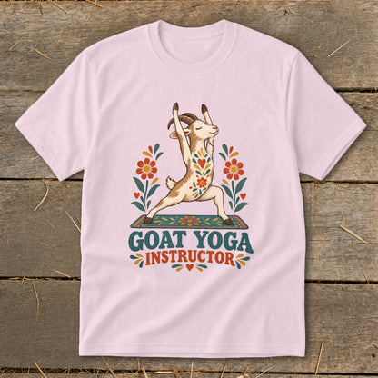 Goat in yoga pose on mat with flowers and text "Goat Yoga Instructor".