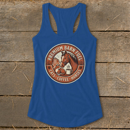 Blue tank top with circular graphic of horse, cat, coffee, and barn.