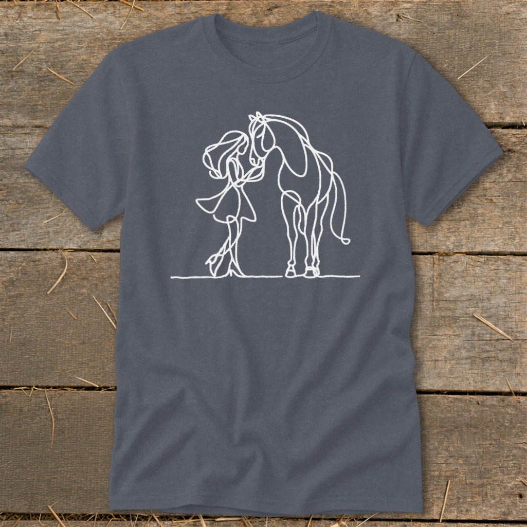 White line art of a girl with flowing hair embracing a horse on a dark grey t-shirt.