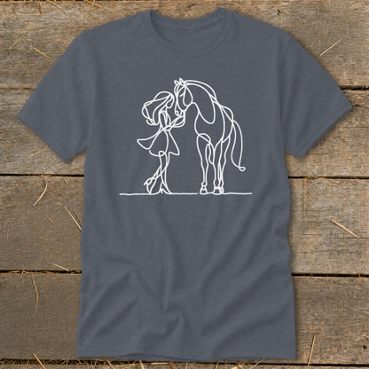 White line art of a girl with flowing hair embracing a horse on a dark grey t-shirt.