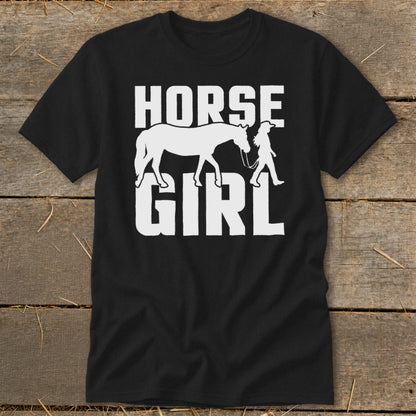 Black t-shirt with white "HORSE GIRL" text and horse and rider graphic.