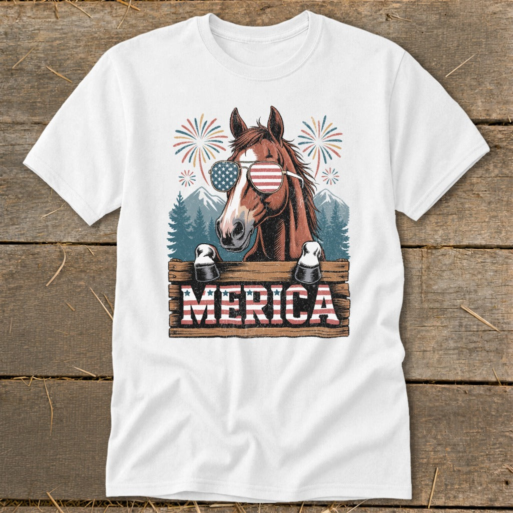 Horse wearing American flag sunglasses and fireworks above, with "MERICA" text.