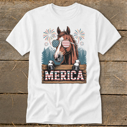 Horse wearing American flag sunglasses and fireworks above, with "MERICA" text.
