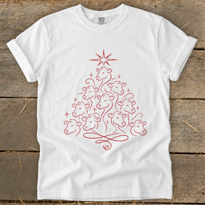 White t-shirt with red line art Christmas tree made of cow heads.