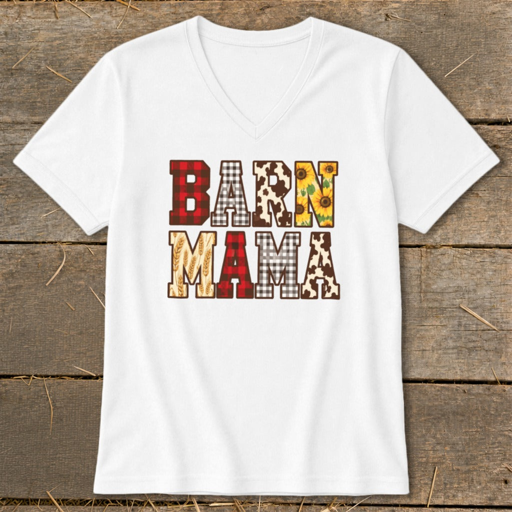 White v-neck t-shirt with "BARN MAMA" text in rustic patterns.