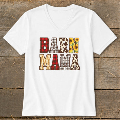 White v-neck t-shirt with "BARN MAMA" text in rustic patterns.