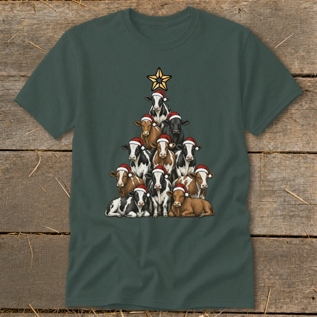 Christmas tree made of cows wearing Santa hats, topped with a star.