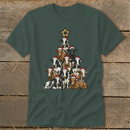 Christmas tree made of cows wearing Santa hats, topped with a star.