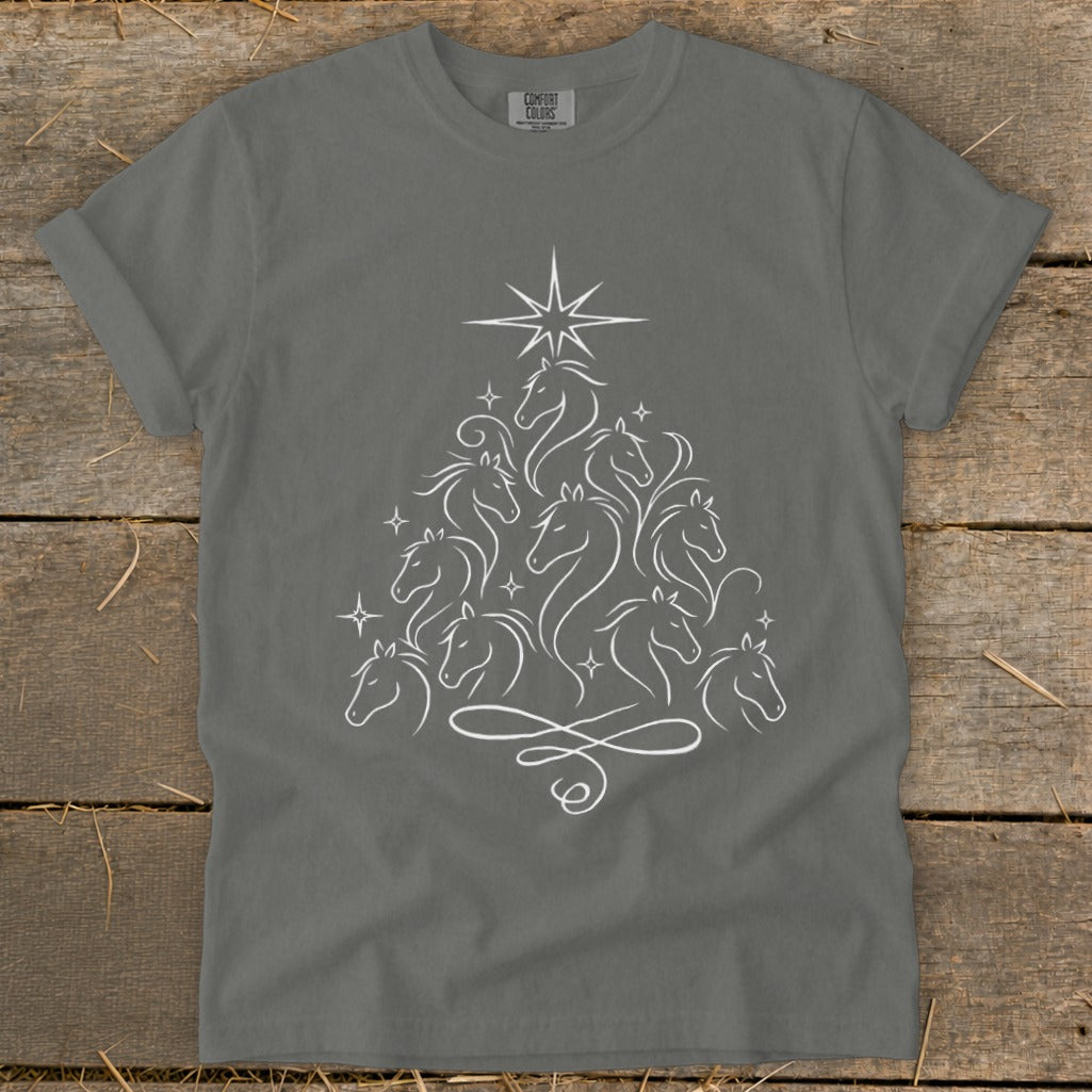 Gray t-shirt with white horse heads forming a Christmas tree shape.