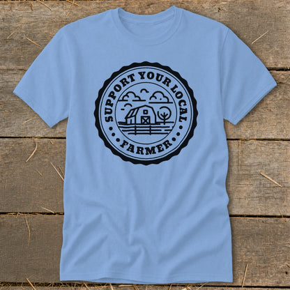 Light blue t-shirt with "Support Your Local Farmer" emblem featuring a barn and tree.