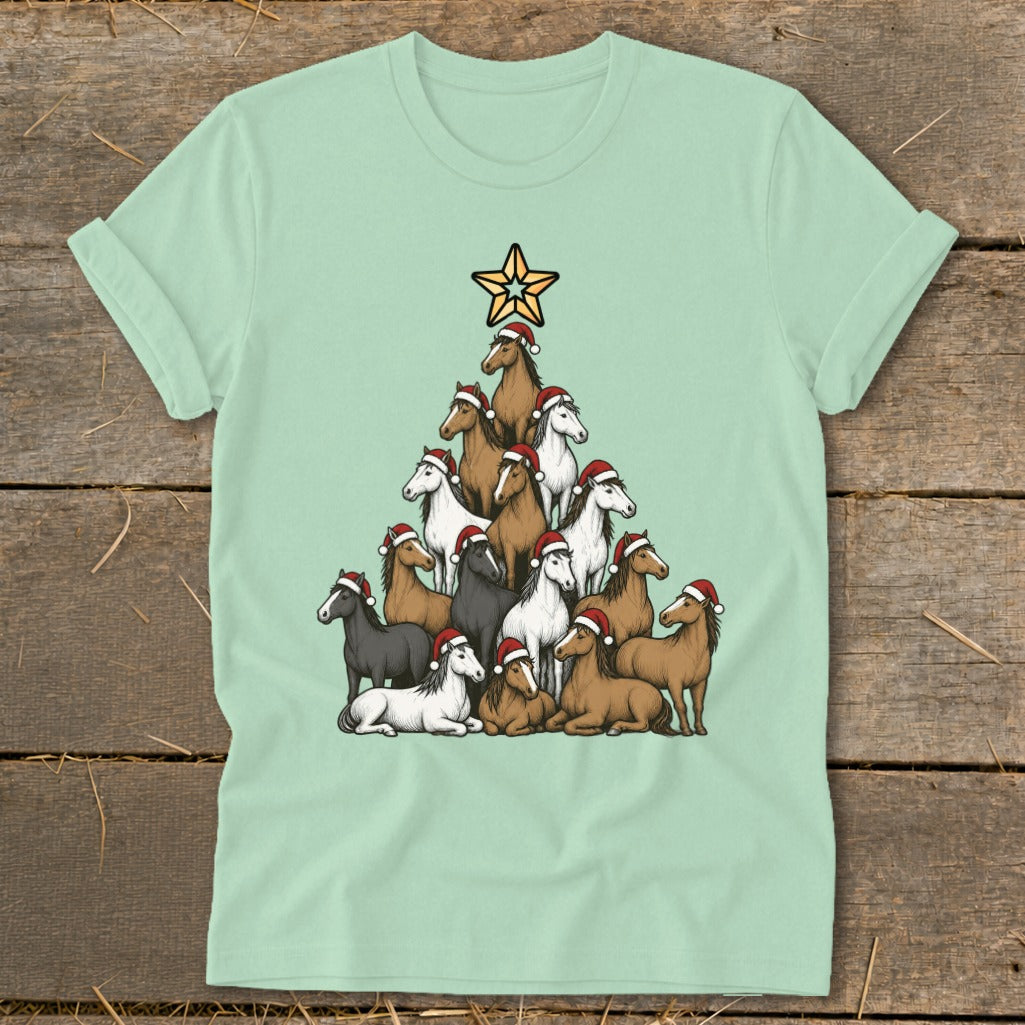 T-shirt with horses arranged as a Christmas tree and a star topper.
