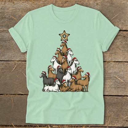 T-shirt with horses arranged as a Christmas tree and a star topper.
