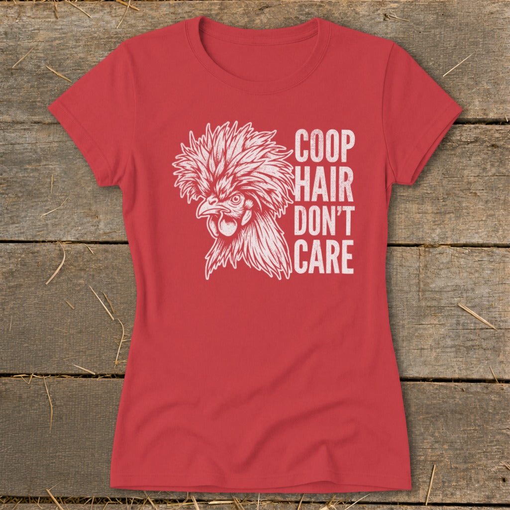 Red t-shirt with distressed graphic of a fancy chicken and text "COOP HAIR DON'T CARE".
