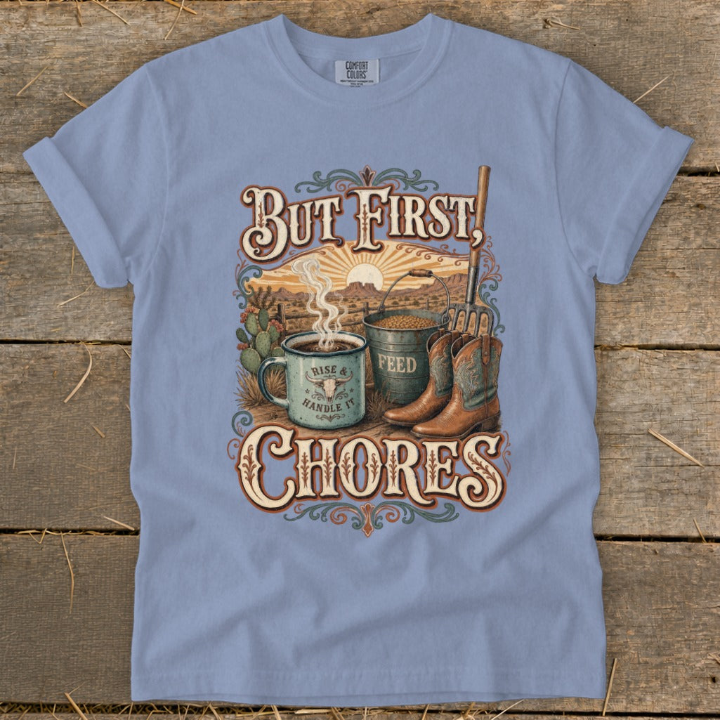 Cowboy boots, coffee mug, and feed bucket on rustic background with text.