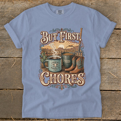 Cowboy boots, coffee mug, and feed bucket on rustic background with text.