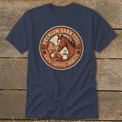 Barn Fuel design with horse, cat, coffee, barn, and text.