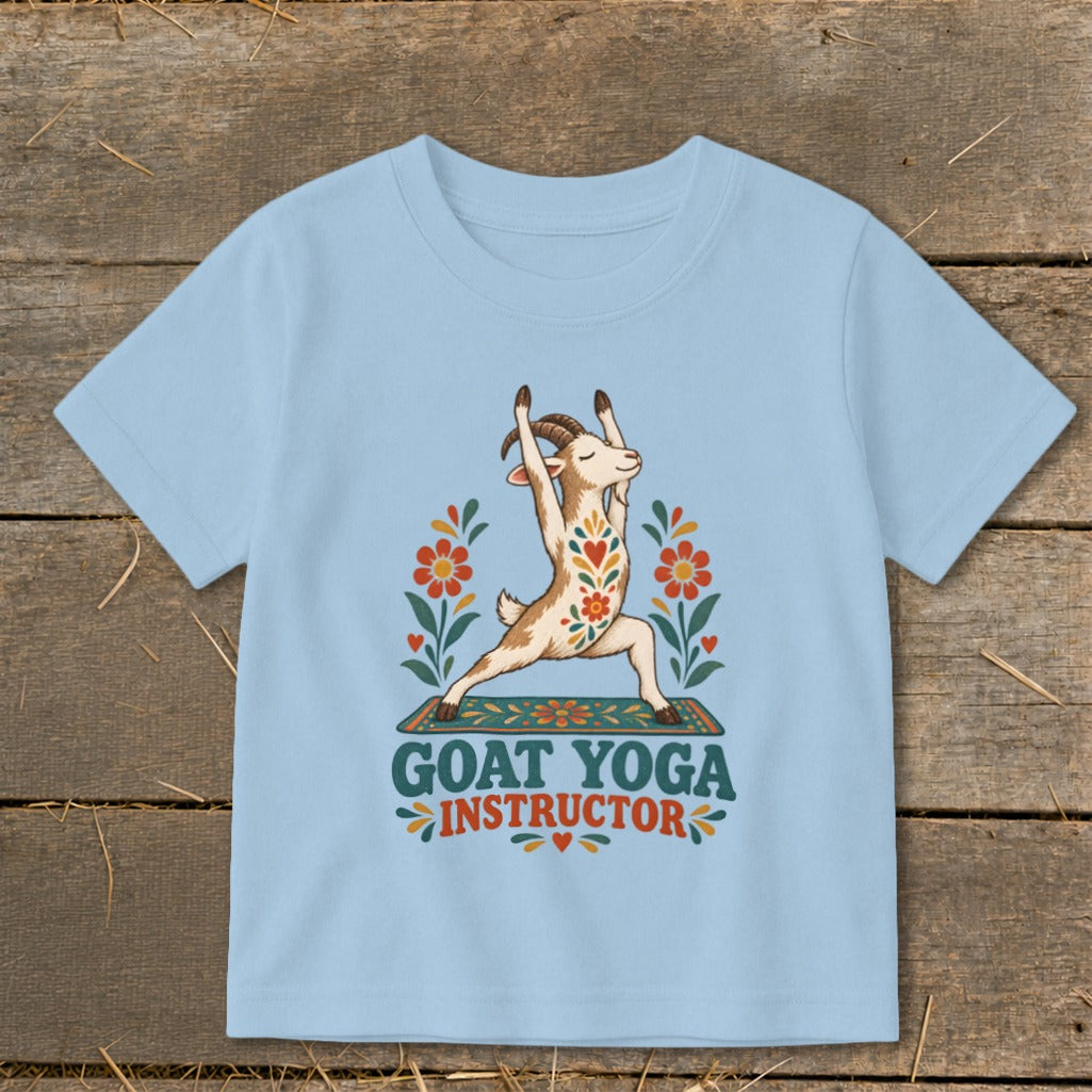 Goat doing yoga pose on mat with text "GOAT YOGA INSTRUCTOR".