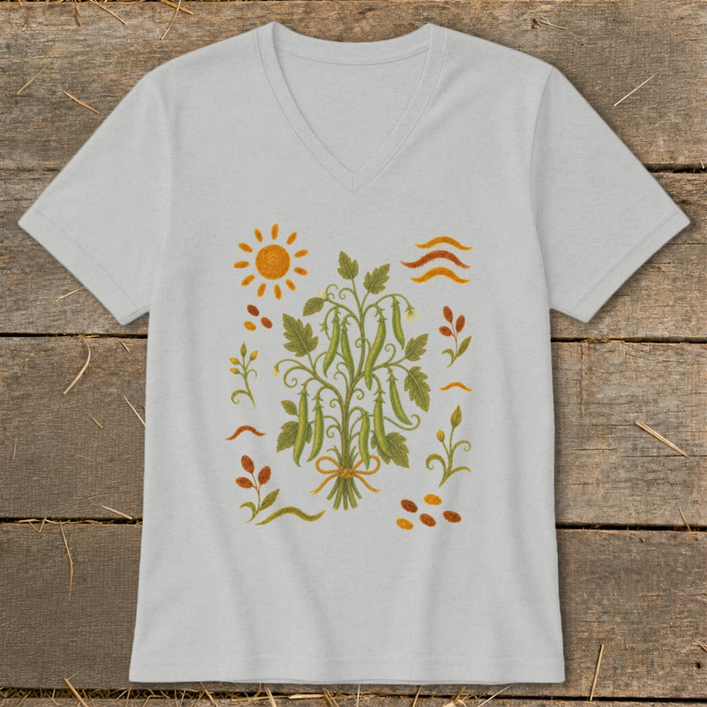 Light grey t-shirt with a botanical illustration of pea pods and sun.