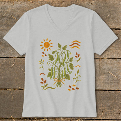 Light grey t-shirt with a botanical illustration of pea pods and sun.