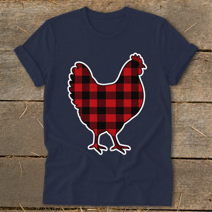 Navy t-shirt with a red and black buffalo plaid chicken graphic.