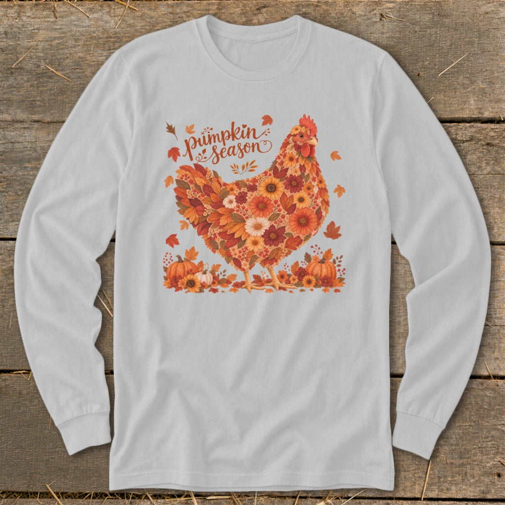 Chicken made of autumnal flowers and leaves with "pumpkin season" text.