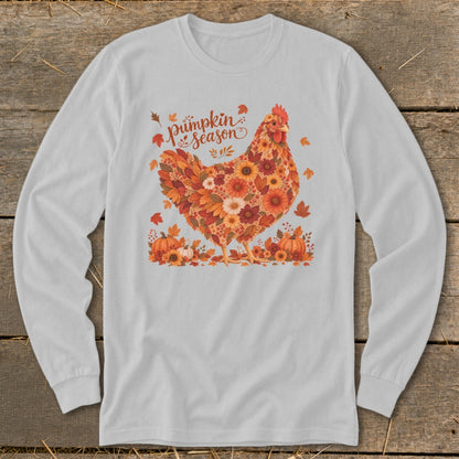 Chicken made of autumnal flowers and leaves with "pumpkin season" text.
