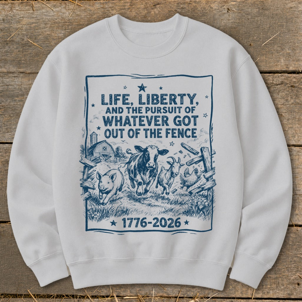 White sweatshirt with dark blue graphic of farm animals escaping a fence.