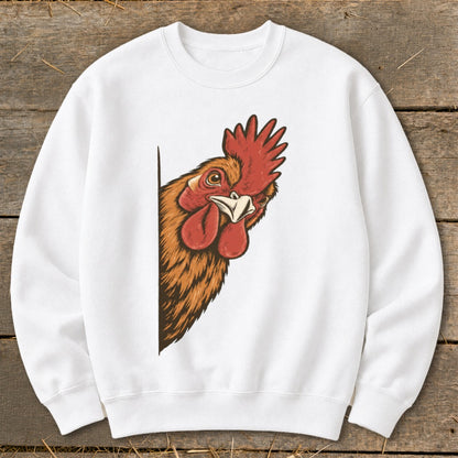White sweatshirt with a detailed illustration of a rooster's head peeking from the left side.