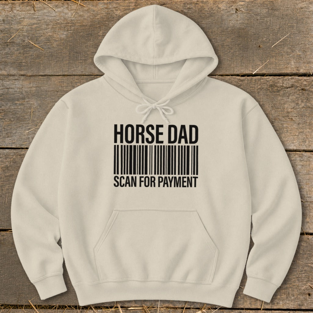 Cream hoodie with black text "HORSE DAD SCAN FOR PAYMENT" and barcode design.