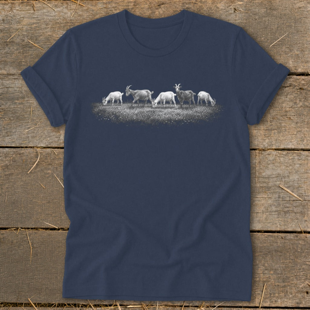 Navy t-shirt with white illustration of five goats grazing in a field.