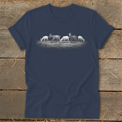 Navy t-shirt with white illustration of five goats grazing in a field.