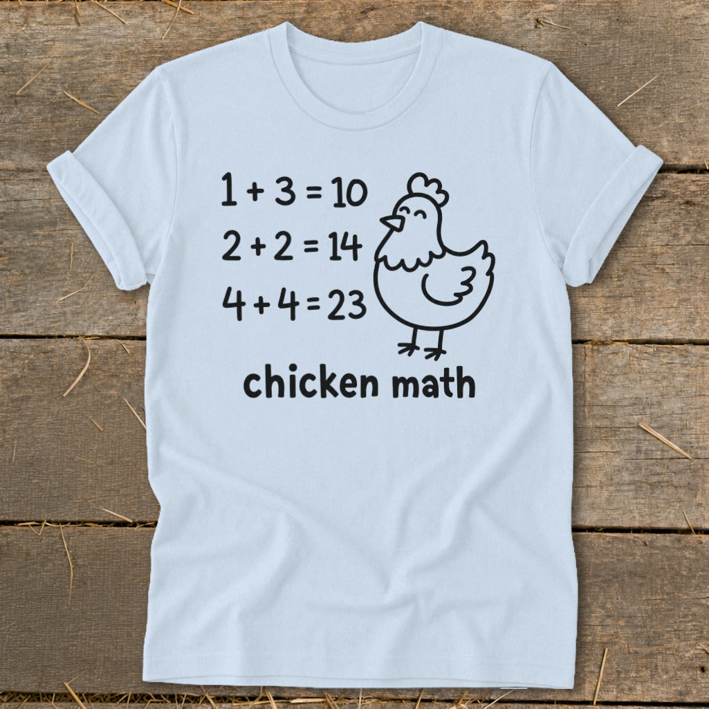 White t-shirt with "chicken math" and funny math equations with a cartoon chicken.