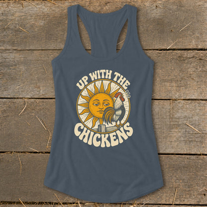 Charcoal gray racerback tank top featuring a graphic of a sun, rooster, and text reading Up With The Chickens.